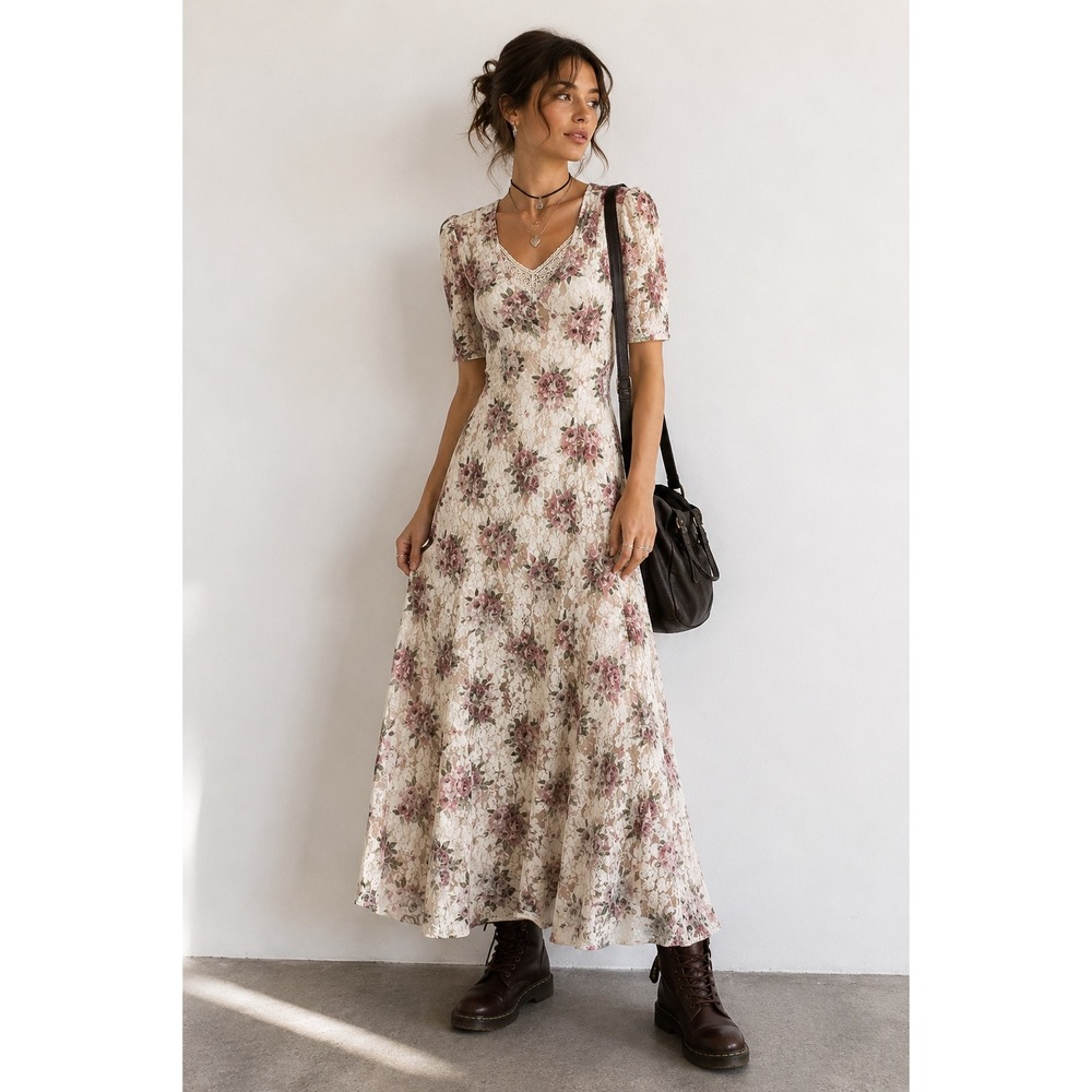 90's Floral Lace Maxi Dress S Pink Rose Crochet V-Neck Victorian Goth Prairie